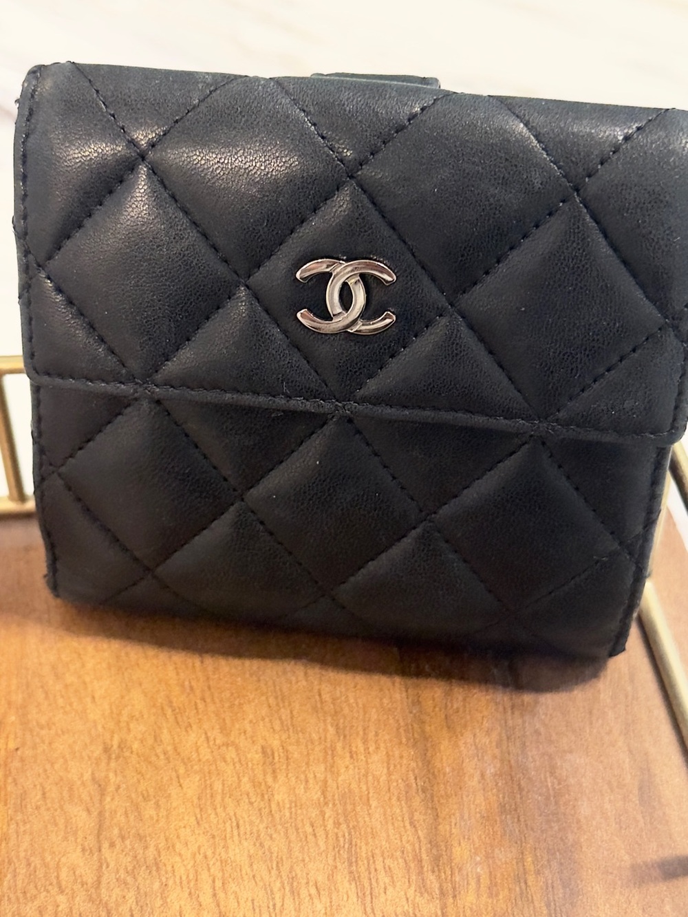 CHANEL Black Quilted Leather Compact Wallet with Silver CC